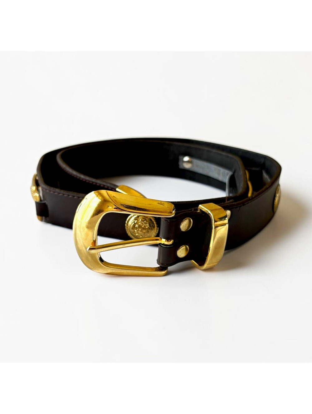 Vintage Donna Katz Gold Hardware Medallion & Bar Link Belt in Dark Brown Size M